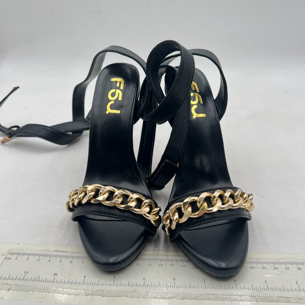 FSJ Black Chain Gold Metal Chain Chunky High Heels Ankle Strap Open Toe Sandals - Picture 3 of 8
